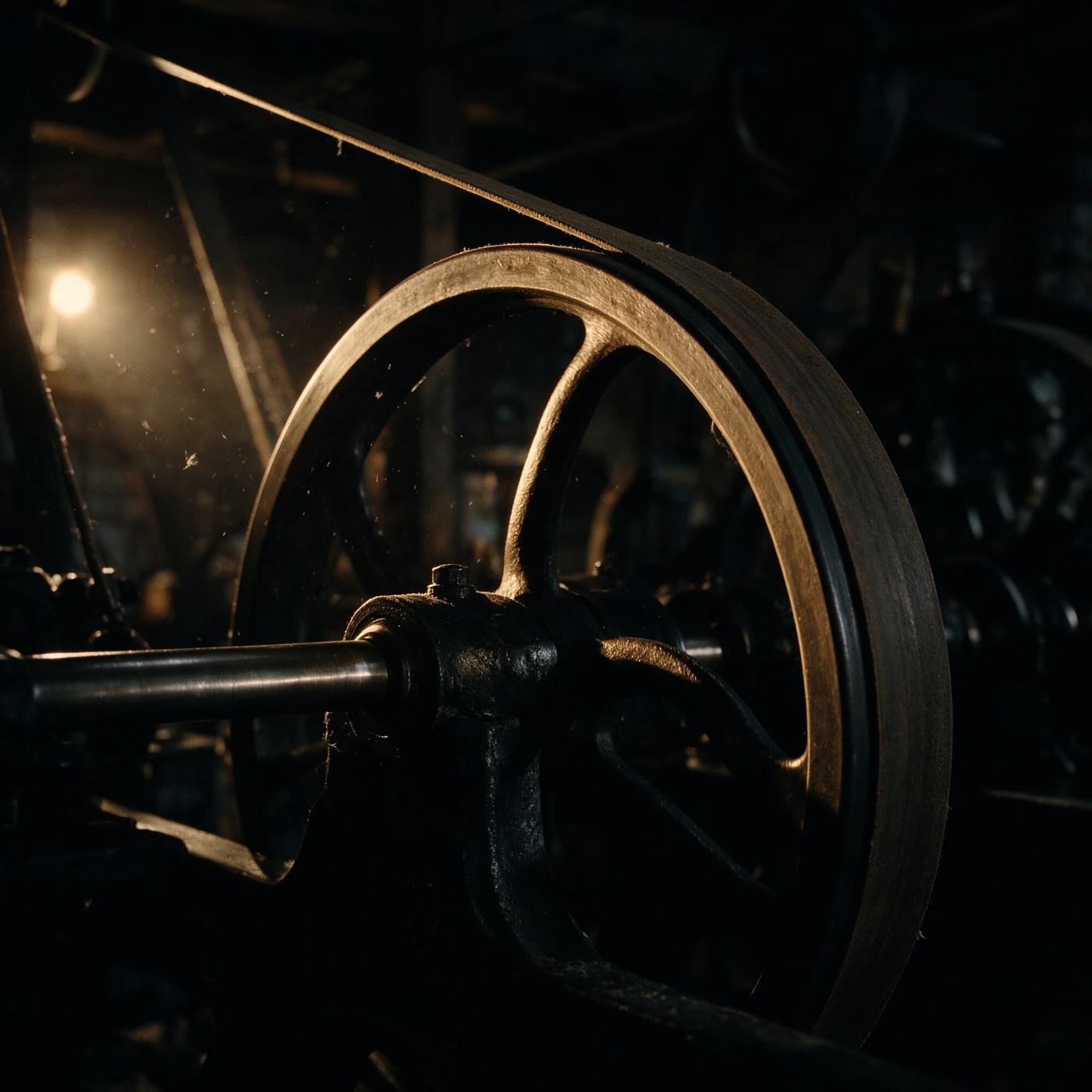 A cast iron flywheel with a flat leather belt running off its rim to an overhead drive, lit by a single lamp.