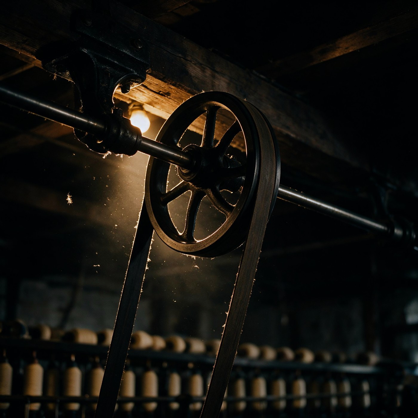 A leather belt passing over a cast iron pulley on the overhead line shaft, both runs descending toward the spinning frame below.